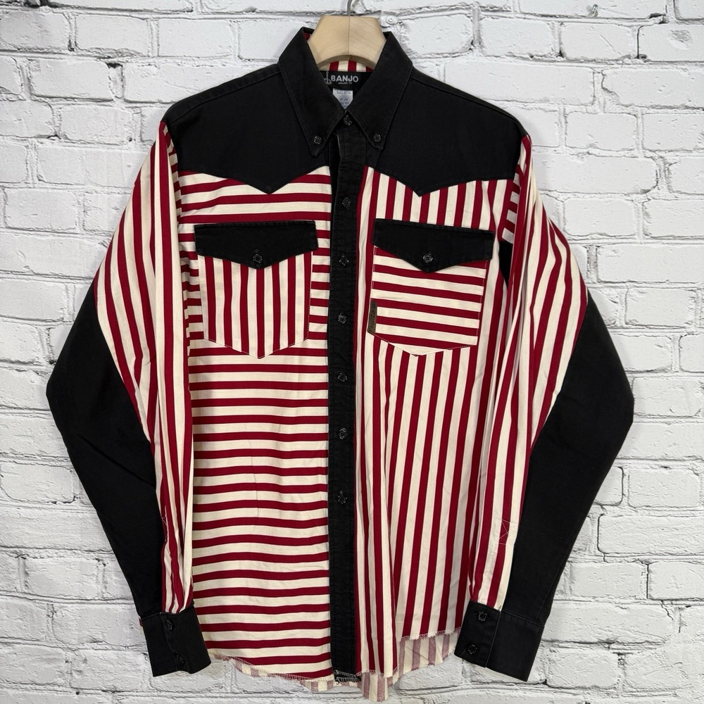 Vintage BANJO Mens Western Button Up Shirt Size L Black Red White‎ Striped 2050